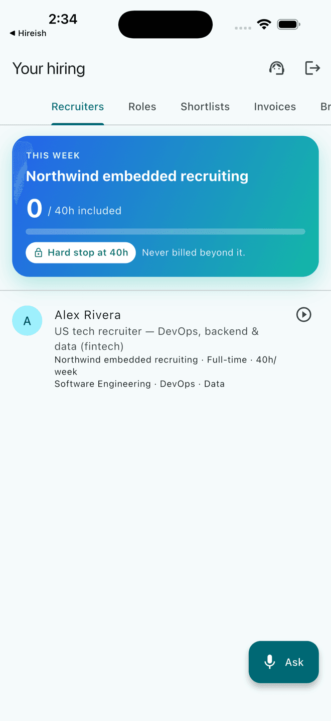 A client's hiring workspace in the Snappyhires app