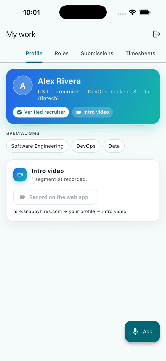 A verified recruiter's workspace in the Snappyhires app